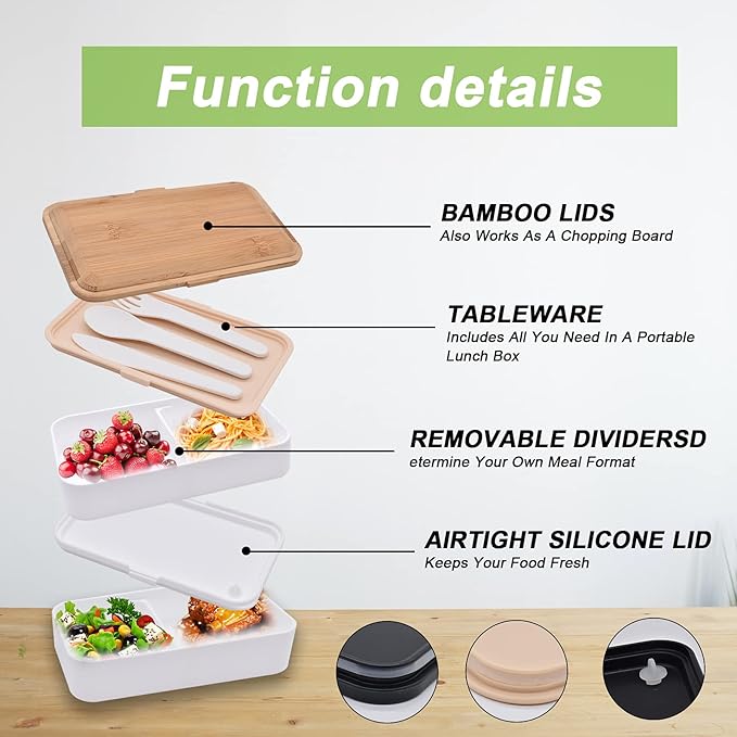 1200ML Bento Boxes, Japanese Lunch Boxes, 2 Stackable Food Containers,for Adults, Men&Women, with Nylon Sealing Strap,Built-In Reusable Cutlery,BPA Free,Bamboo Lid,Microwave Safe (WHITE)