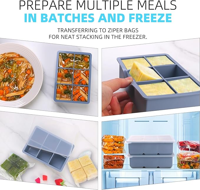 1/2 Cup Silicone Freezer Tray With Lid,Silicone Freezer Molds 3-Pack For meal prep & freezing of various sauces and other dishes, makes 18 perfect 1/2 cup portions cubes (Multicolor 3 Pack)