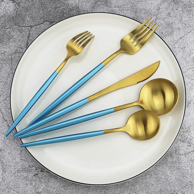 Blue Handle Matte Gold Silverware Set - 5-Piece 18/10 Stainless Steel Satin Finish Flatware, Kitchen Utensils, Tableware Travel Cutlery for Camping, Office, School Lunch - Dishwasher Safe
