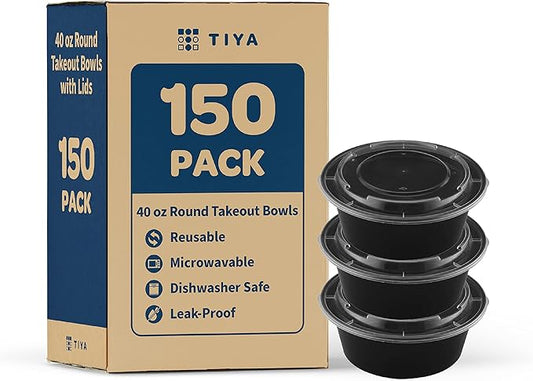 TIYA Takeout Food Containers – 40 oz Bulk 150 Pack with Lids – Plastic Food Storage To-Go Round Bowls – Reusable, Microwavable, Dishwasher Safe – Leak-Proof and Great for Meal Prep – BPA-Free