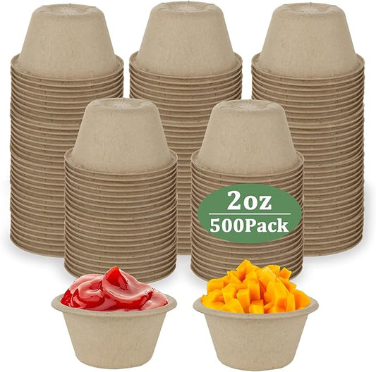Acrux7 500 Pack 2 oz Paper Souffle Cups, Small Disposable Condiment Cups for Dips, Jams, Honey, Sauces, Nuts, Samples - Compostable Made From Bagasse Fiber