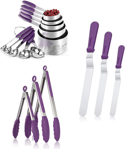 U-Taste 600°F Heat Resistant Silicone Kitchen Tongs, 18/8 Stainless Steel Measuring Cup and Spoon Set of 10, Stainless Steel Offset Icing Spatula Set (Purple)