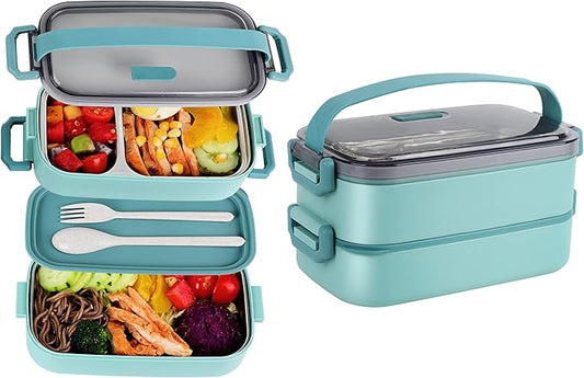 Stainless Steel Bento Box for Adults&Kids,Japanese Leakproof Lunch Box Divided Food Meal Storage Containers Set Stackable 2 Layer for Children School Picnic Matcha Green