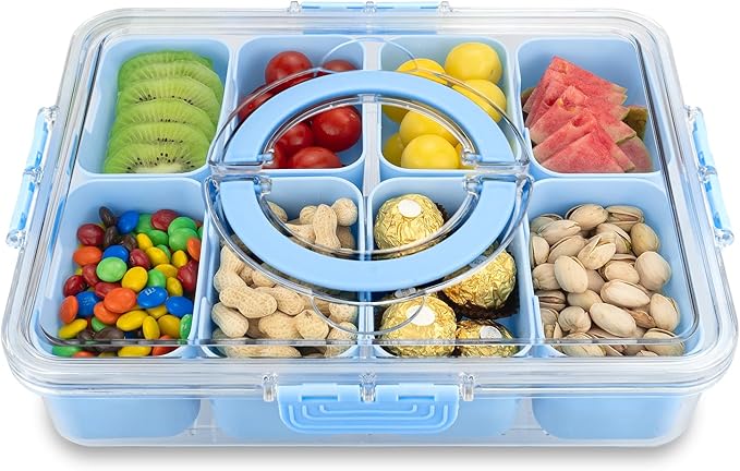 Divided Serving Tray with Lid and Handle,8 Compartments Snacks Box,Snack Fruit Tray,Veggie Tray,Portable Platter for Candy Fruits Nuts Snack Party Entertaining Picnic(1PCS Blue)