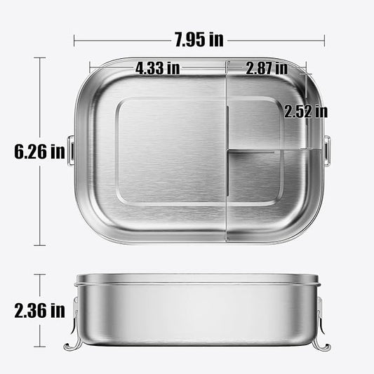 1400ML Stainless Steel Bento Box for Adults, 3-Compartment Metal lunch box with Lockable Clips, 47oz Leak-Proof Food Container for Work, Travel, Dishwasher Safe