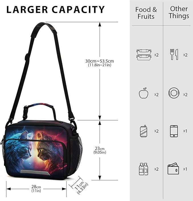MNSRUU Student Lunch Bag Cat Lightning Insulated DinnerTotes Picnic Bag Lunch Box with Adjustable Shoulder Strap for Teen Kids Adults
