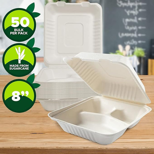 PAMI 100% Compostable [8''X8 50-Pack] Clamshell Take Out Food Containers Heavy-Duty Quality to go Containers, Natural Disposable Bagasse, Eco-Friendly Biodegradable Made of Sugar Cane Fibers
