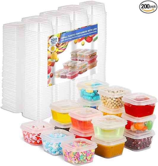 1 oz Square Plastic Containers with Lids(200 Pack), 1oz Clear Condiment Cups with Lids, Small Portion Sauce Cups for Salad Dressing, Lunch