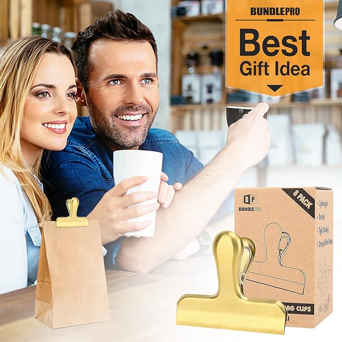 Pack of 8 Heavy Duty Metal Bag Clips, Stainless Steel, Tightly Seals Chip, Coffee, Bread or Cereal Bags to Keep Food Fresh, for Home, Kitchen, Office, Pantry, Camping (Gold)