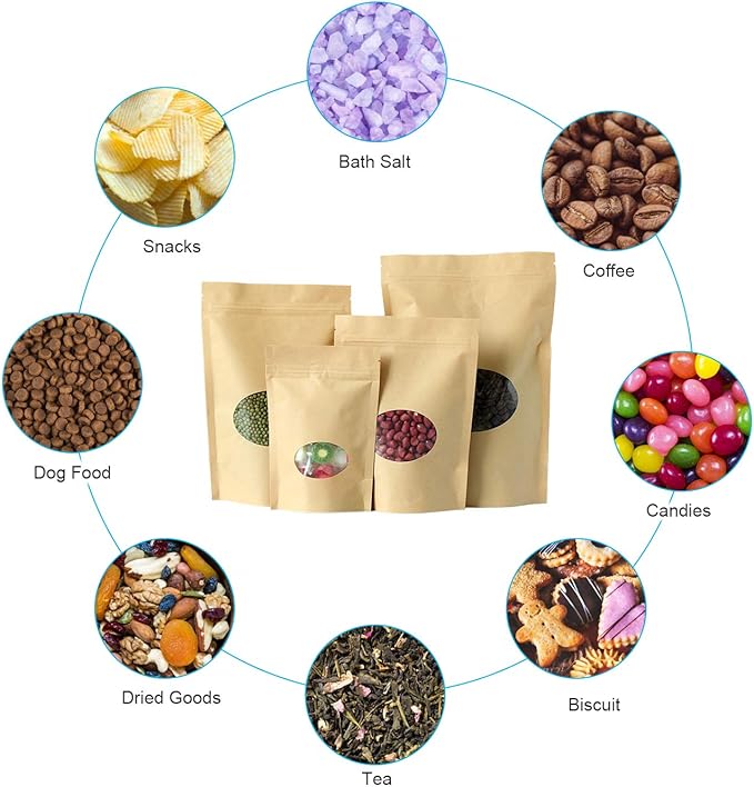 SumDirect Kraft Paper Bags, Zip Lock Stand-up Reusable Sealing Food Pouches with Transparent Window and Tear Notch for Storing,Cookie,Dried Foods,Snack,4.3x 6.2 Inches,1.5oz,Pack of 50