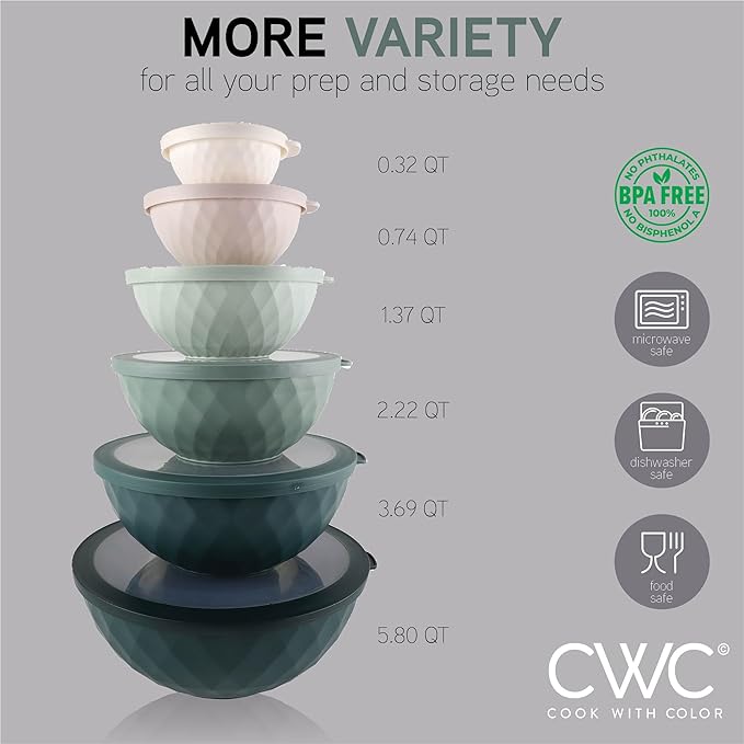COOK WITH COLOR Mixing Bowls with Lids - 12 Piece Plastic Nesting Bowls Set includes 6 Prep Bowls and 6 Lids, Non Slip Bottom and Diamond Design - Microwave Safe (Mint)