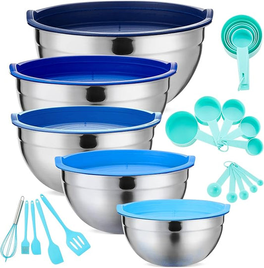 Mixing Bowls Set of 5,Stainless steel Nesting Bowls with Airtight Lids,Size 5, 4, 3.5, 2, 1.5QT for Baking,Cooking,Prepping and Saving Food (BLUE, 25PCS)