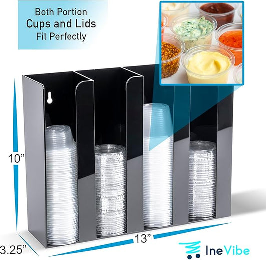 Portion Cup and Lid Holder - 4 Compartment Acrylic Organizer for Condiment & Sauce Cups, Fits Cups 2 oz to 5.5 oz in Size, Use Dispenser on Countertop or Wall Mount