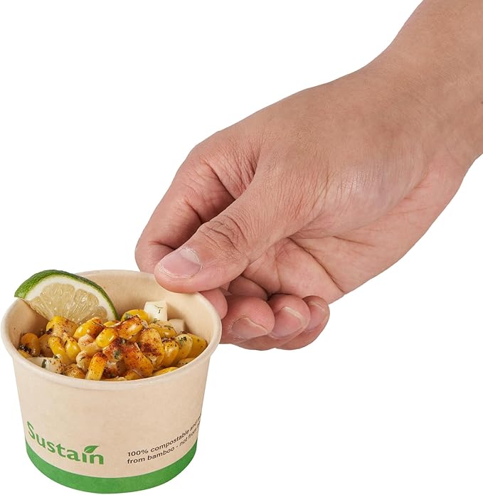 Restaurantware-Sustain 4 Ounce Paper Soup Containers, 50 Disposable Ice Cream Cups - Lids Sold Separately, With PLA lining, Bamboo To Go Hot Soup Bowls, Compostable, Greaseproof