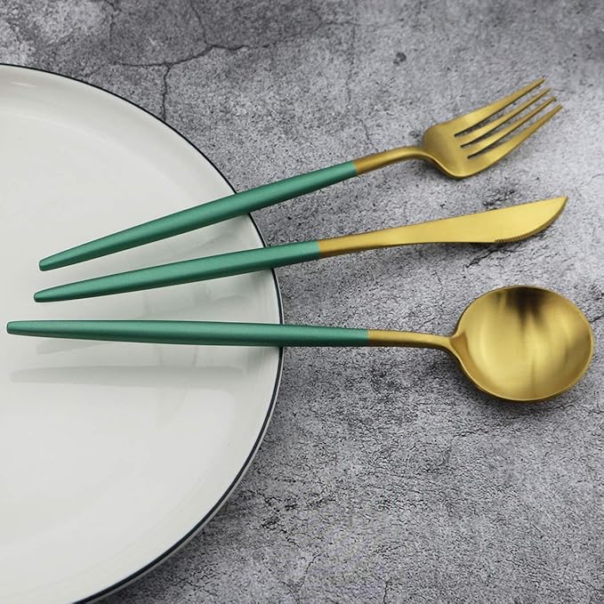 20-Piece 18/10 Stainless Steel Flatware Silverware, Luxury Dinnerware Set Travel Cutlery Tableware Include Knife Fork Spoon Service for 4, Dishwasher Safe (Green Handle Matte Gold)