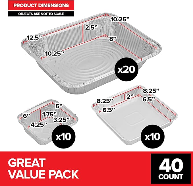 (Set of 40) Aluminum Pans Disposable, (20) 9x13, (10) 8x8, (10) 1-Lb Heavy Duty Foil Pans, Baking Tins, Cooking Trays, Large and Small Catering Food Containers for Roasting, Serving, Holiday Meal Prep