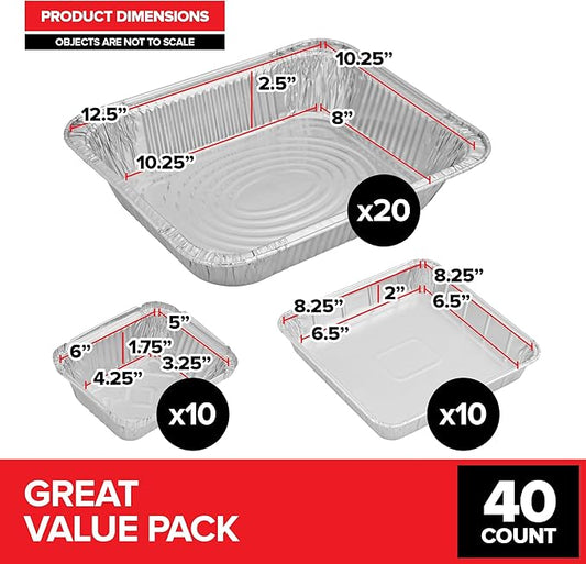(Set of 40) Aluminum Pans Disposable, (20) 9x13, (10) 8x8, (10) 1-Lb Heavy Duty Foil Pans, Baking Tins, Cooking Trays, Large and Small Catering Food Containers for Roasting, Serving, Holiday Meal Prep