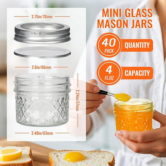 Alotpower 4 oz Mason Jars with Lids 40pack, Mini Mason Jars with Lids and Bands,Empty Small Mason Jars 4 oz for Jam Herbs Spice Honey Storage(4 fl. oz, Set of 40)