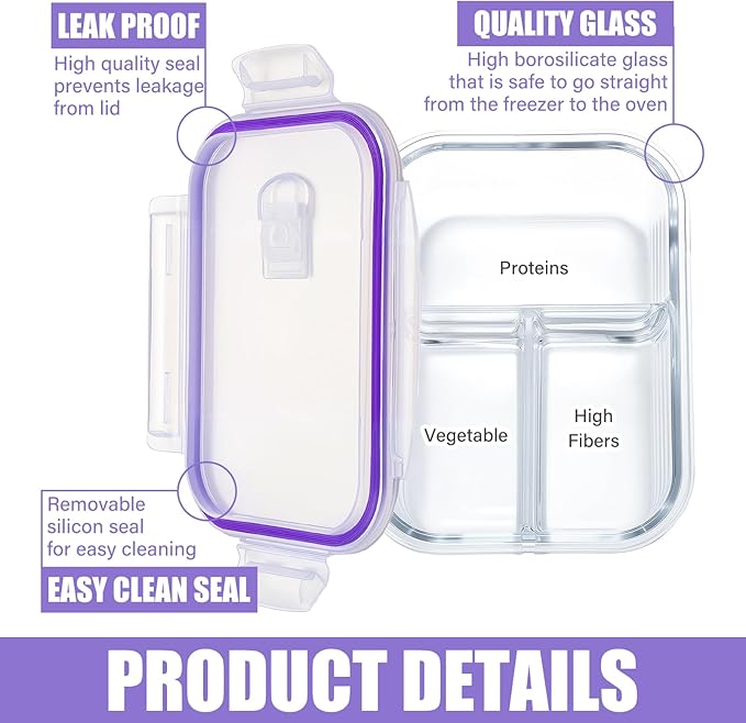12 Pcs 35 oz Glass Portion Control Containers with 3 Set Knives Forks Spoons Food Storage Containers with Lids 3 Compartment Airtight Lunch Bento Boxes for Adults Diet Balanced Eating
