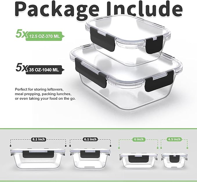 Glass Food Storage Containers 10 Pack, Glass Meal Prep Containers with Snap Lock Leakproof Lids, Reusable Microwave safe BPA-free Lunch Boxes (10 Containers & 10 Lids) 1040ml & 370ml