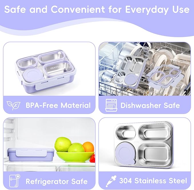 36-oz Lunch Box Containers Stainless Steel Bento Box for Adults with 4-Compartment Snack Tray, Soup Bowl with Lid & Metal Spoon, Dishwasher Safe, Easy to Carry, Purple
