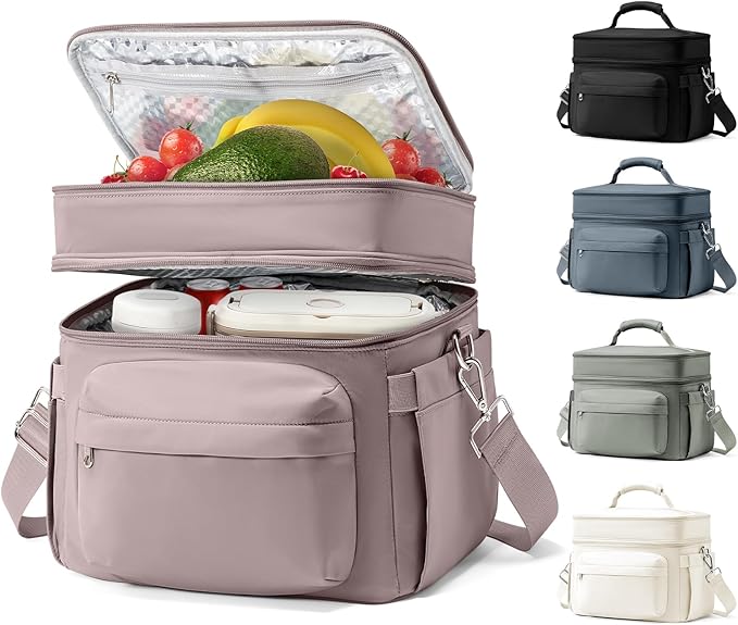 Lunch Box Women Insulated Lunch Bag Men Expandable Waterproof Leakproof Lunch Boxes Large Lunch Tote Cooler Bag for Work with Water Bottle Holder Pink Purple