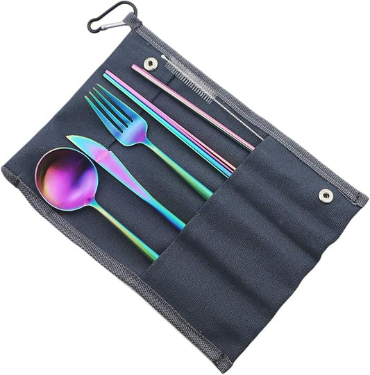 Reusable Travel Utensils, 7 Piece Portable 304 Stainless Steel including Knife Fork Spoon Chopsticks Cleaning Brush Straws Portable Pouch, Eco-friendly Camping Silverware Set, Dishwasher Safe