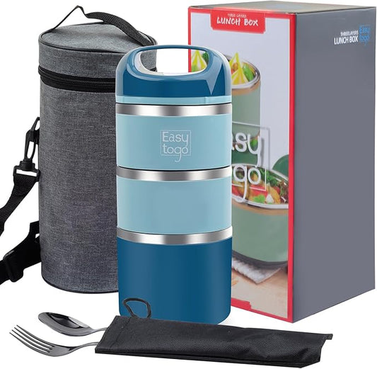 3 Tier Lunch Box 43Oz-Blue Stainless Steel Stackable Lunch Box with Lunch Bag & Cutlery Set, Portable Lunchbox, Portion Control Meal Prep Togo Lunch Containers for Adults, Women, Men