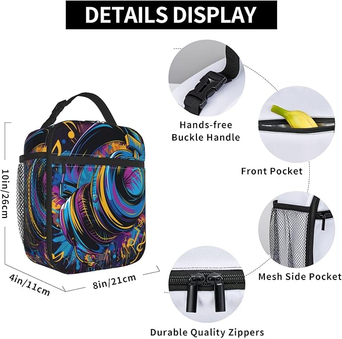 Insulated Lunch Box for Kids Boys Girls, Reusable Lunch Bag for School, Office, Work, Picnic, Travel, Headphones and Music Notes Lunch Box