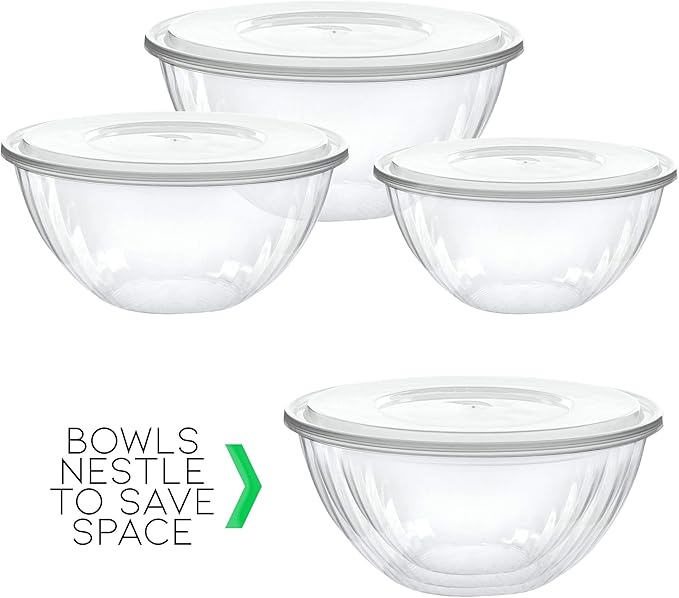PLASTICPRO Disposable Round Crystal Clear Serving Bowls With Lids - Party Snack or Salad Bowl, Plastic Chip Bowls, Candy Dish (2, 150 OUNCE)
