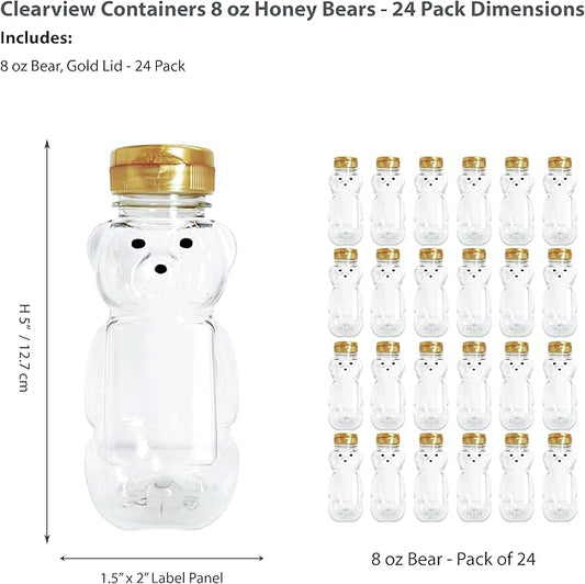 24 Pack of 8 Ounce Honey Bears with Sealable Gold Flip Top Lids (8 oz. Bear, 24pk, Gold)