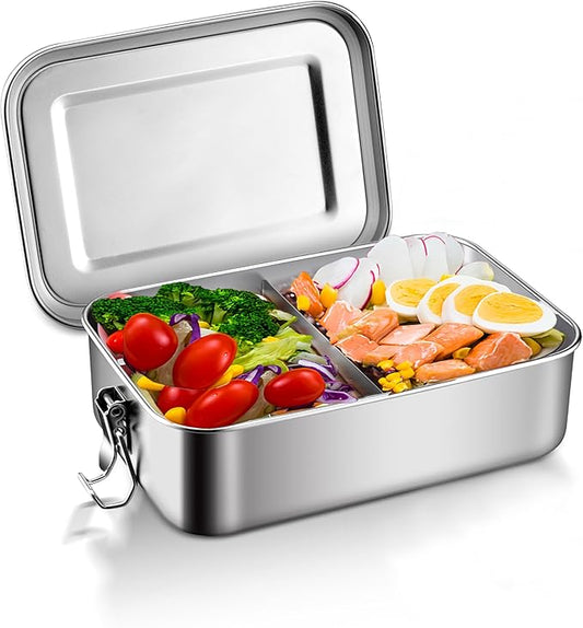 18/8 Stainless Steel Bento Box with Removable Dividers, 47oz (1400ML) Metal Lunch Food Container with Lids and Locking Clips, Food Storage Containers for Office Meals, School, Leak-Proof