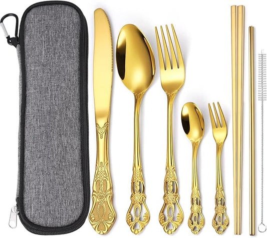 AARAINBOW 7 Pieces Stainless Steel Flatware Set Portable Reusable Cutlery Set Travel Utensils Set Including Chopsticks Knife Fork Spoon Straws Cleaning Brush Dishwasher Safe (G-Golden)
