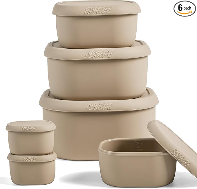 ISSEVE 6Pcs/Set Nesting Silicone Food Storage Containers with Lids, BPA Free Reusable Meal Prep Silicone Containers Lunch Box Bento Box Set (33.8oz, 20oz, 10oz, 6.7oz, 1.3oz) (Beige)