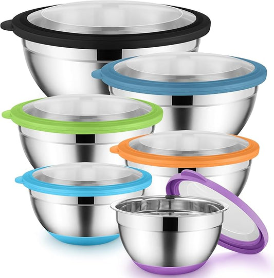 Colorful Mixing Bowl Set of 6 for Kitchen Large Stainless Steel Metal Nesting Mixing Bowls with Airtight Lids Non Slip - Size 1, 1.5, 2, 2.6, 3.5, 7QT