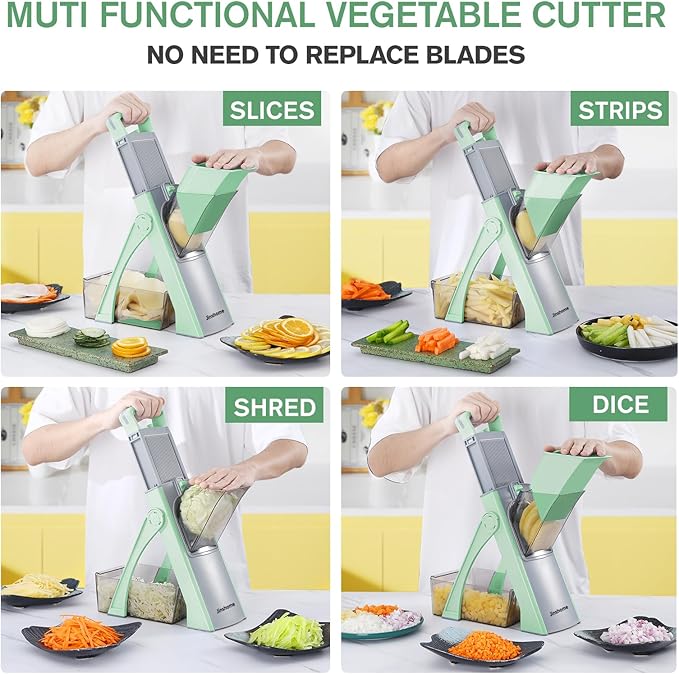 Upgrade Safe Mandoline Slicer Plus, Vegetable Potato Slice and Food Chopper Adjustable Thickness French Fries Cutter, Kitchen Chopping Artifact (Green)