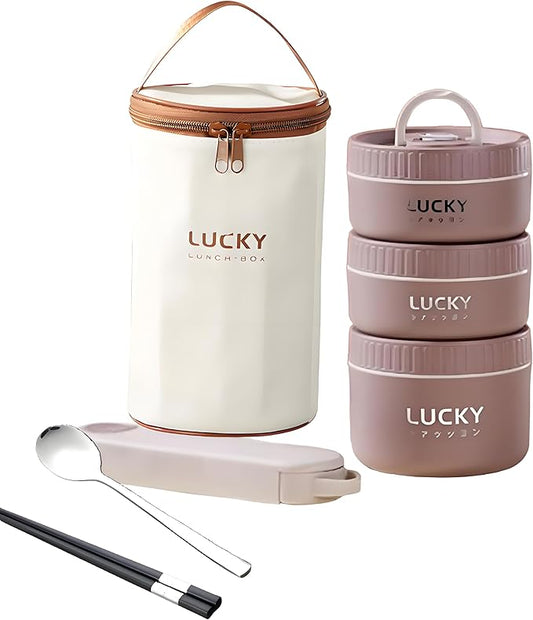 Stainless Steel Lunch Box, 3-Tier Insulated Bento Box Microwave Safe Soup Bowl for Adults, Thermal Food Container for Office Workers, (Brown, 3pcs, Tableware, Insulated Bag)