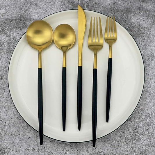 20-Piece 18/10 Stainless Steel Flatware Silverware, Luxury Dinnerware Set Travel Cutlery Tableware Include Knife Fork Spoon Service for 4, Dishwasher Safe (Black Handle Matte Gold)