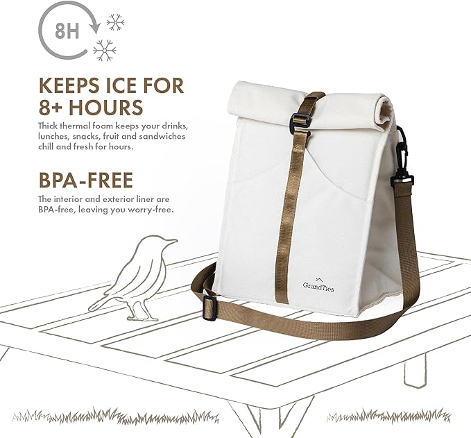 GRANDTIES Insulated Lunch Bag for Women, Men, Adults - Rolltop Leak Proof Meal Prep Lunch Box Containers, Reusable Snack Bags, Travel Cooler, Small Soft Cooler Bag, Fold Top Sandwich Bags, Ivory