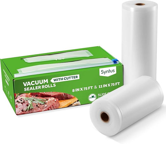 Syntus 11" x 75' and 8" x 75' Food Vacuum Seal Roll Keeper with Cutter Dispenser, Commercial Grade Vacuum Sealer Bag Rolls, BPA Free Food Vac Bags, Ideal for Storage, Meal Prep and Sous Vide