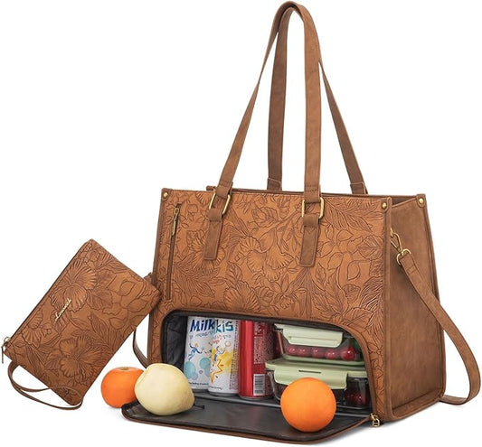 LOVEVOOK Lunch Tote Bag for Women, 15.6 Inch Laptop Bag with Insulated Lunch Compartment, Quilted Large Capacity Computer Handbag with Purse for Business, Work, Office, Casual, Yellowish brown