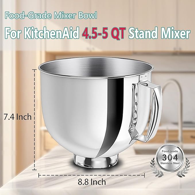 5 Quart Stainless Steel Mixing Bowl with Handle Fit for KitchenAid Artisan&Classic Series 4.5-5 QT Tilt-Head Mixer, bowls for kitchenaid mixers,Dishwasher safe