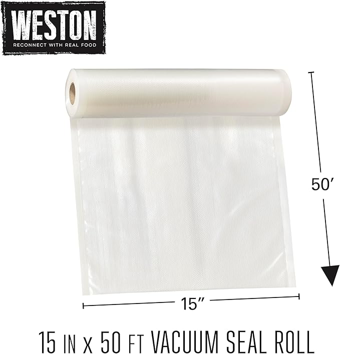 Weston Vacuum Sealer Bags, 2 Ply 3mm Thick, for NutriFresh, FoodSaver & Other Heat-Seal Systems, for Meal Prep and Sous Vide, BPA Free, 15" x 50’ Roll For Creating Custom Sizes, 1 count, Clear