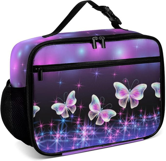 Butterflies and Sparkle Stars Reusable Lunch Box Insulated Lunch Bag Cooler Bag Lunchbox Meal Food Container Tote Bag for Women Kids Girls School Camping Hiking Picnic Beach Travel