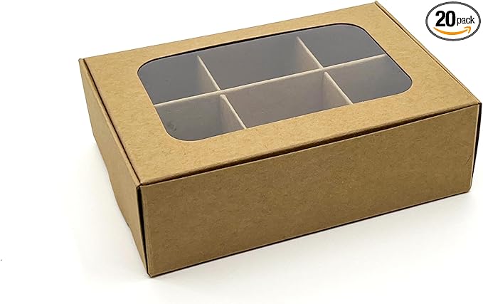 Treat boxes with window and dividers | 6 X-SMALL compartments | 5 x 3.5 x 1.57 in | Empty candy boxes for gift giving, truffle box - perfect for Valentine's Day | 20-pack (Kraft)