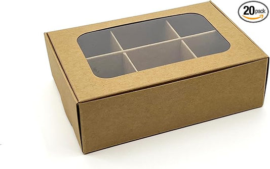 Treat boxes with window and dividers | 6 X-SMALL compartments | 5 x 3.5 x 1.57 in | Empty candy boxes for gift giving, truffle box - perfect for Valentine's Day | 20-pack (Kraft)