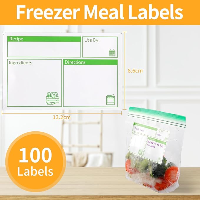 100pcs Labels for Freezer Bags Freezer Meal Labels with Instructions 3.2 X 5 inch Oil and Water Resistant Labels Food Labels for Freezer Storage for Leftovers in Fridge Freezer (Green)