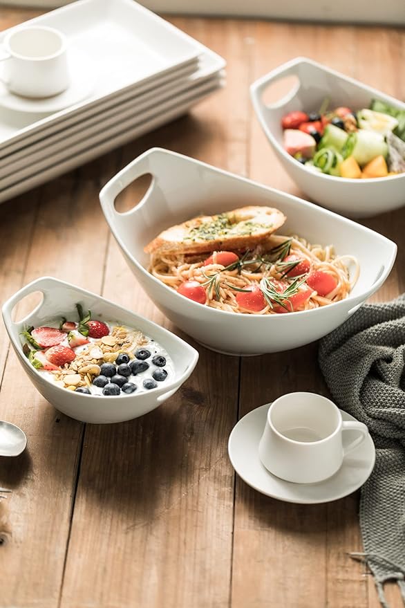 Gomakren Serving Bowls with Handles, Serving Dishes, Porcelain Salad Bowls Mixing Bowl for Entertaining, Nesting Bowl Set of 3, Microwave Dishwasher Safe, 15/28/47 oz, White