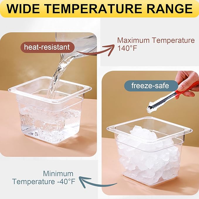 Plastic Food Pan - 1/9 Size 4 Inch Deep Commercial Food Pan - 6 Pack Polycarbonate Plastic Clear Storage Containers - Hotel Pans for Fruits Saland Beans Corns Freezer-Safe