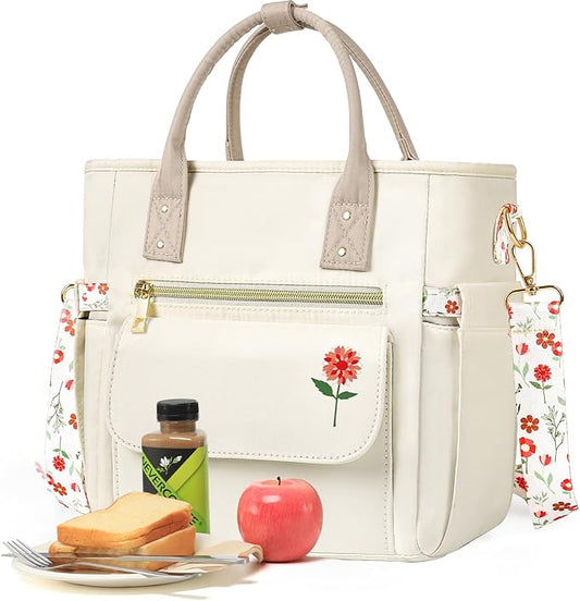 Deluxe Large Insulated Lunch Bag Box Women - Leakproof Waterproof Cooler with Multi Pockets Removable Strap for Work Picnic - Teacher Mothers Day Christmas Birthday Gifts